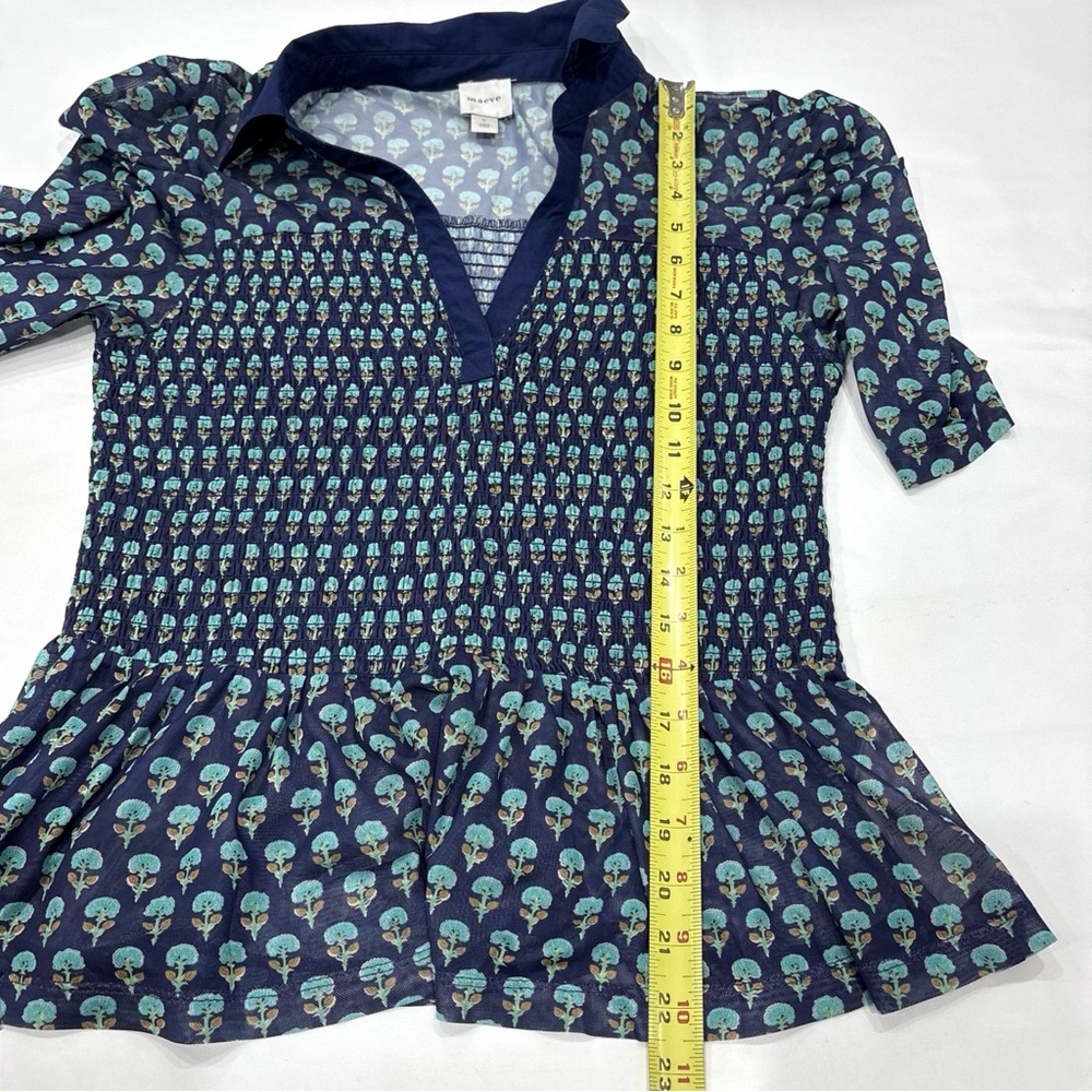Maeve Anthropologie Navy Print Peplum Top Women’s Large Short Sleeve Boho Y2K - Picture 9 of 9